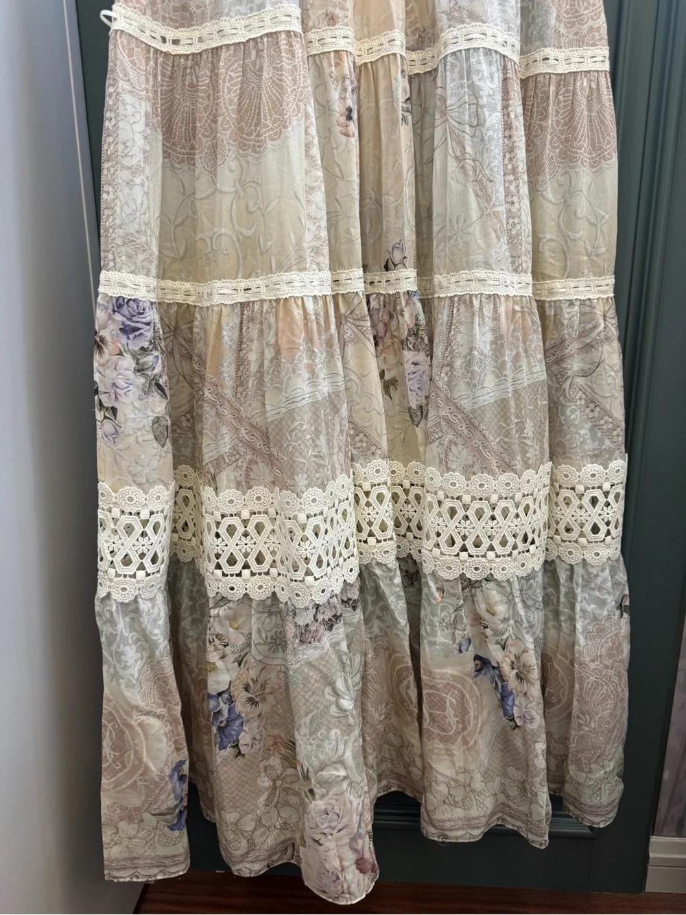 Camilla Trapeze Tired Dress. Cream Floral Lace Maxi Dress - Picture 6 of 10